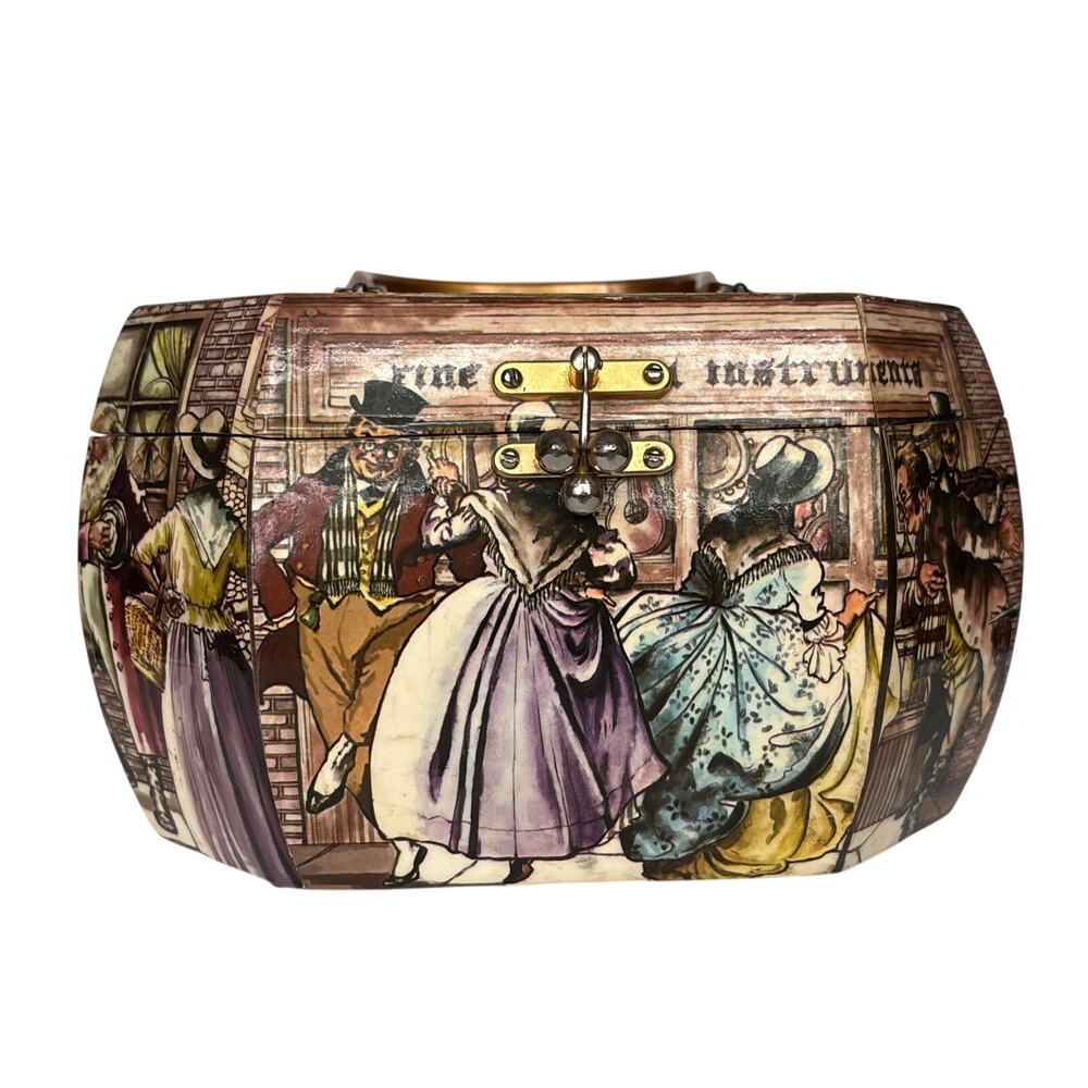 Vintage Box w Handle Decoupage Storage Trinket Catchall Book Academia Library
